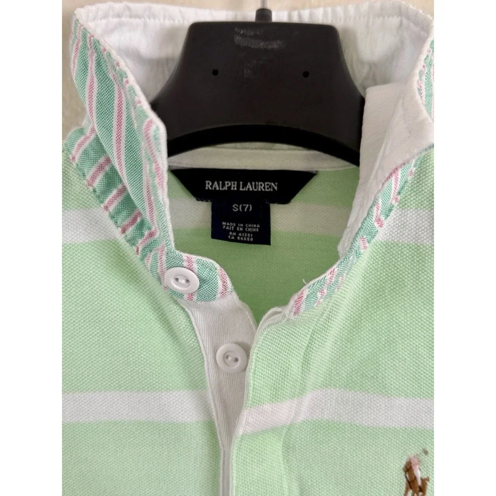 Ralph Lauren Polo Shirt Dress Girls Size 7 Mint Green White Stripe Preppy Pony